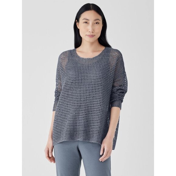 Eileen Fisher Sweaters - LARGE Eileen Fisher Gray Organic Linen Délavé Round Neck Crochet Top